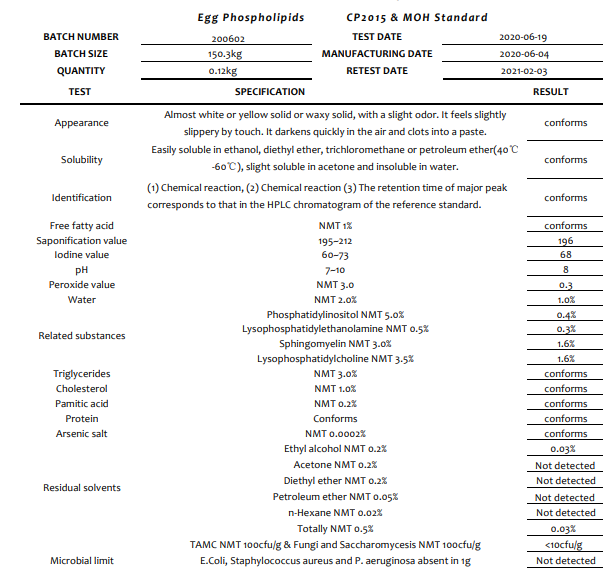 Injectable Grade Egg Yolk Lecithin Powder USP Purified Egg Phospholipids